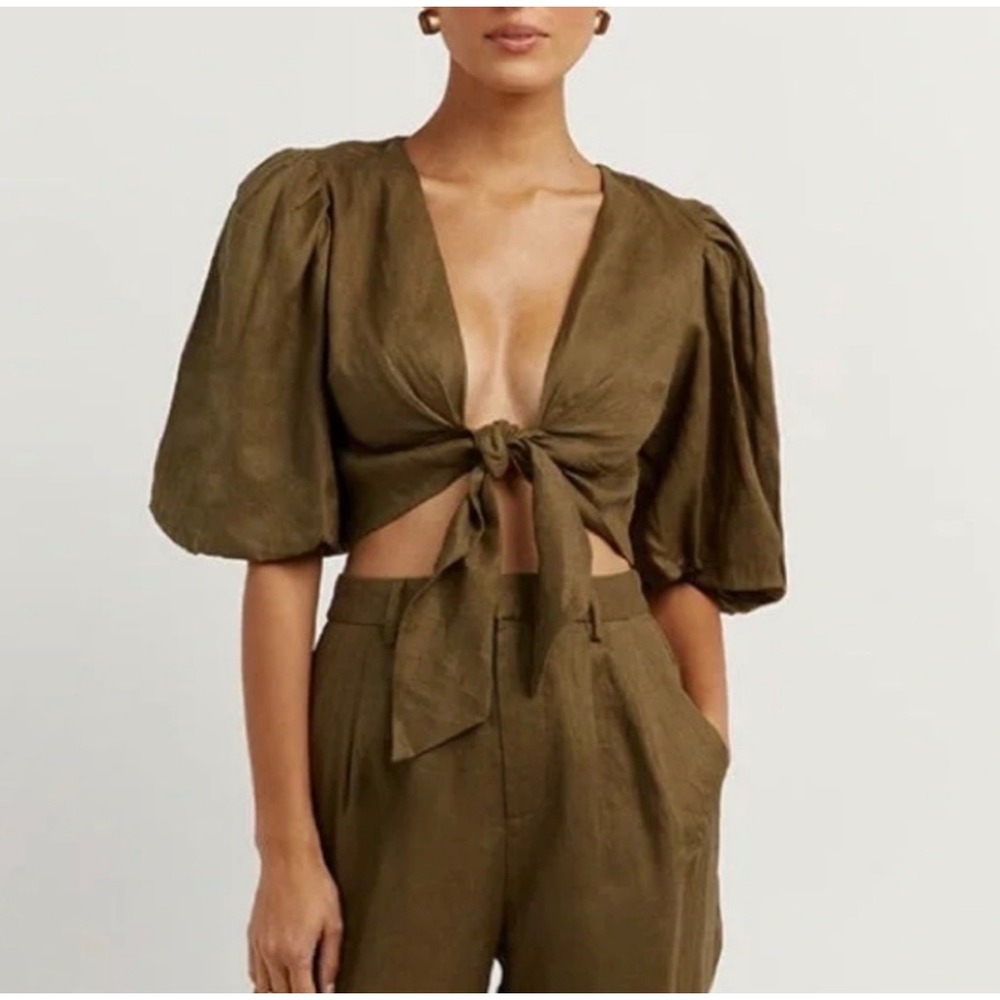 DISSH 100% Linen Boho Tropical Halle‎ Puff Sleeve Tie Front Bow Crop Top 2/XS